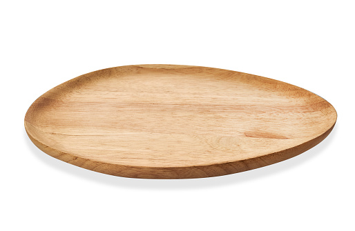 Empty oval wooden tray, Oval natural wood plate, Serving tray isolated on white background with clipping path