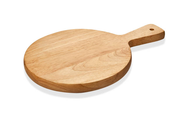 Empty round wooden board, Wooden serving tray with handle, isolated on white background with clipping path