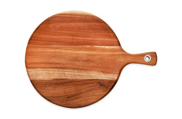 istock Empty round wooden board, Wooden serving tray with handle, View from above isolated on white background with clipping path 1014609102
