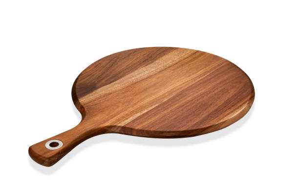 istock Empty round wooden board, Wooden serving tray with handle, isolated on white background with clipping path 1014610530
