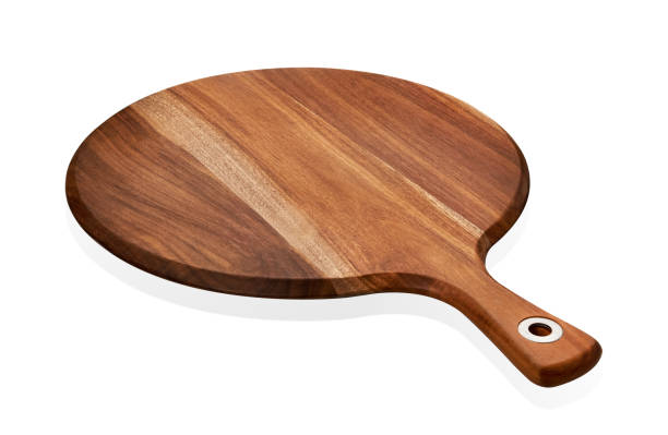 istock Empty round wooden board, Wooden serving tray with handle, isolated on white background with clipping path 1014613296