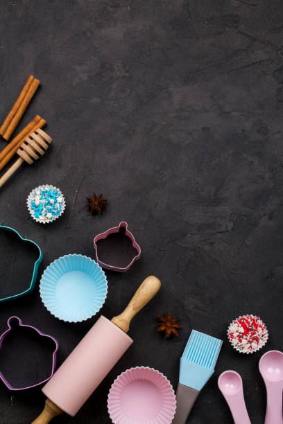 istock Baking and cooking utensils. Flat lay Top view, mockup for recipe on dark background. 1014613520