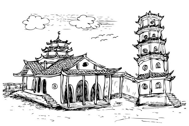 szkic rysowania dłoni meczetu cheng hoo - malang stock illustrations