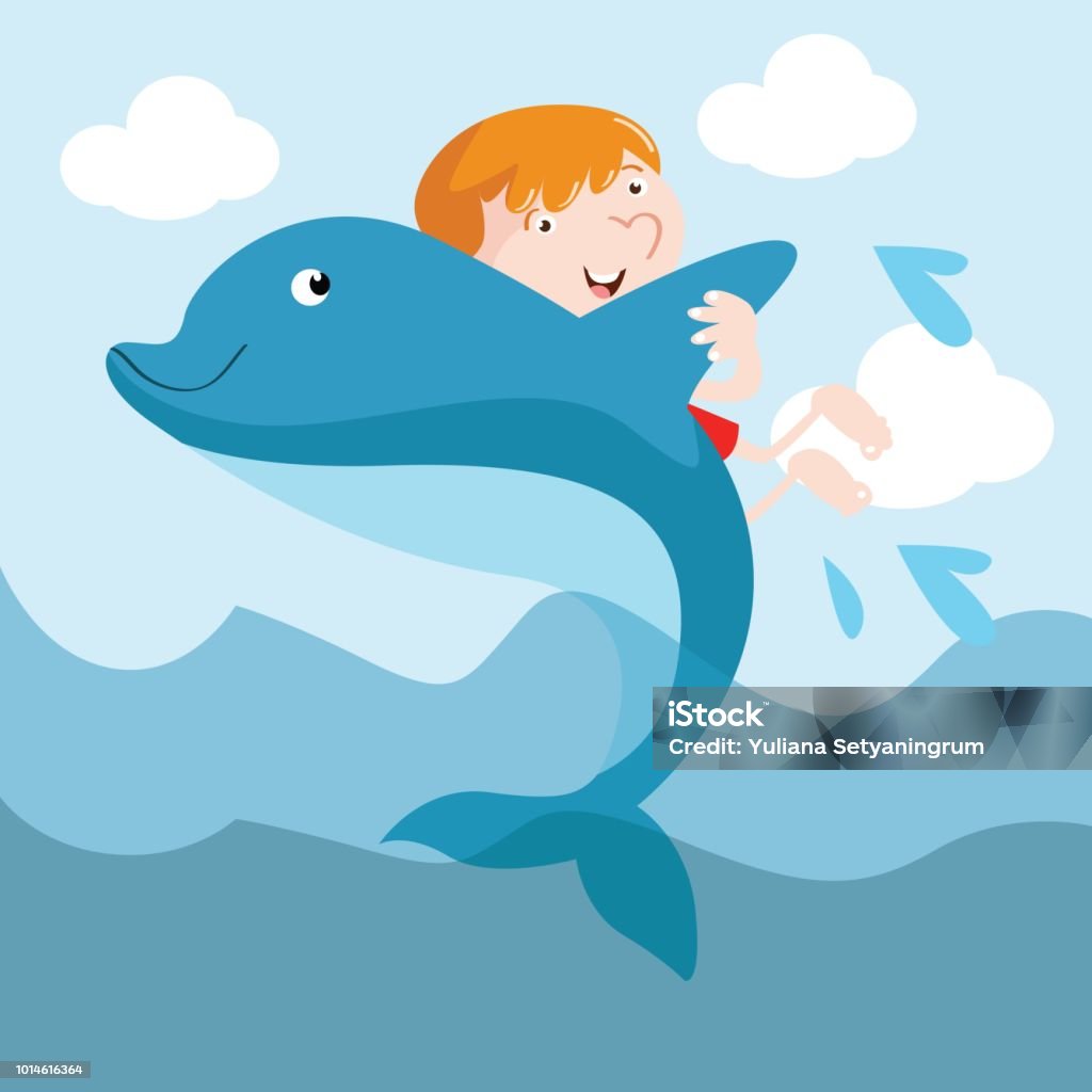 cute little kids are swimming with dolphins while on vacation in the summer sea, cartoon character pictures of cute little kids while playing and vacationing on the beach or at sea Beach stock vector