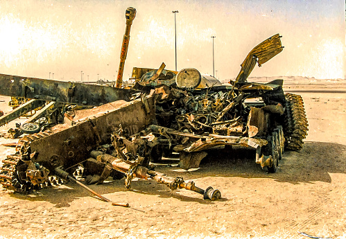 The series of images were taken in the War Zone of Kuwait by Desmond Stagg just after Desert Storm (17 January 1991 – 28 February 1991) had taken place. I cannot remember the exact date and time when I took the pictures but it was sometime in 1991. The images show the remains of war equipment left by the Iraqis on their hasty retreat back to Irak. 
The date created, below is the date the images were processed. They have remained on my hard disk since the end of Desert Storm. Up until now they are unpublished.