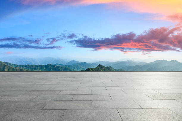 istock Square floor and mountain natural landscape at sunrise 1014645924