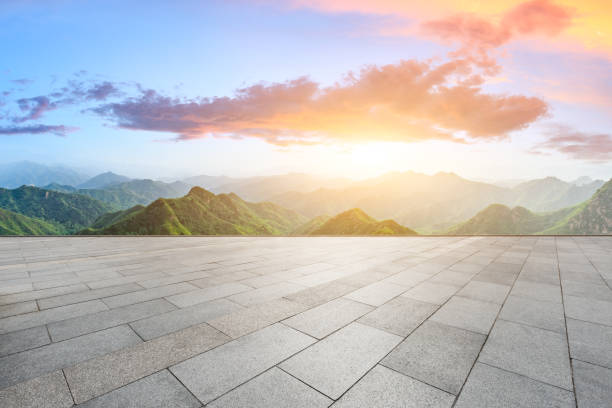 istock Square floor and mountain natural landscape at sunrise 1014646174