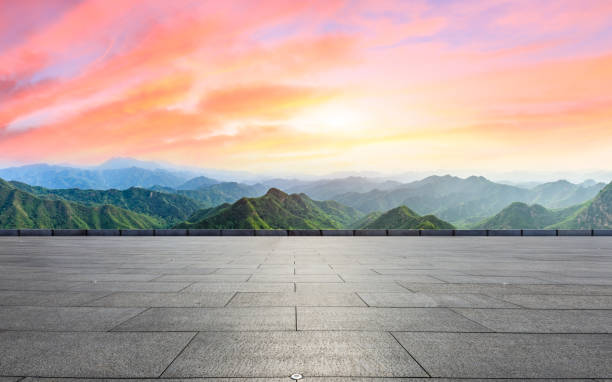 istock Square floor and mountain natural landscape at sunrise 1014646264