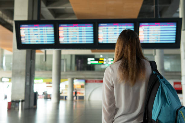istock beautiful girl with backpack stands and choice flight 1014661220
