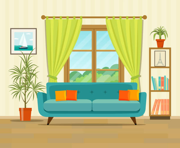 illustrazioni stock, clip art, cartoni animati e icone di tendenza di design degli interni del soggiorno con mobili: divano, libreria, immagine. illustrazione vettoriale in stile piatto - living room
