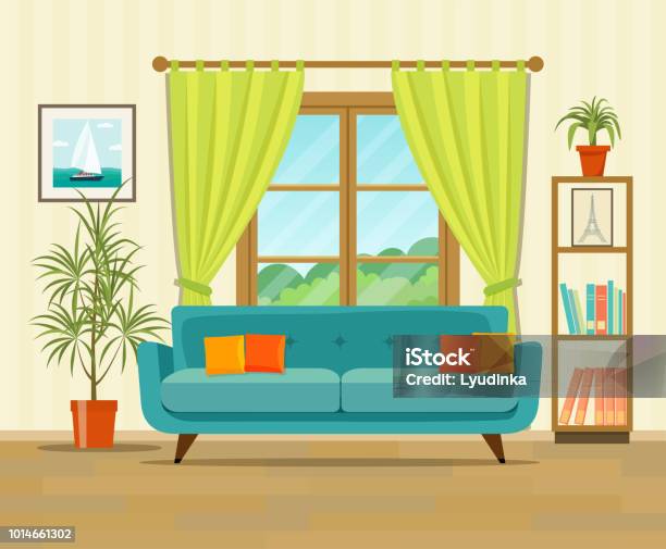 Living Room Interior Design With Furniture Sofa Bookcase Picture Flat Style Vector Illustration Stock Illustration - Download Image Now