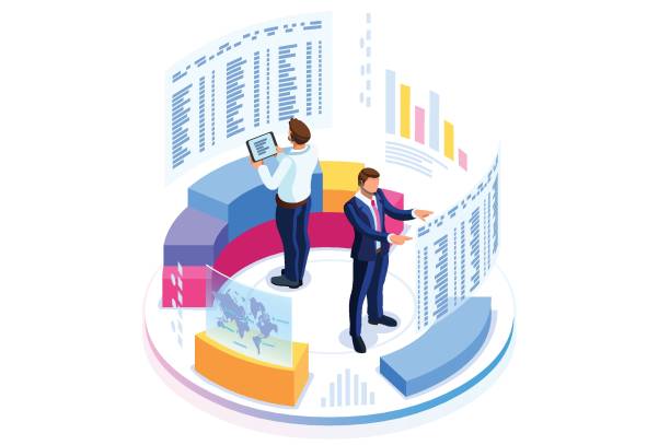 Financial Consulting for Business Banner Financial administration concept. Consulting for company performance, analysis concept. Statistics and business statement. Flat isometric infographics for banner or business hero images. performance assessment stock illustrations