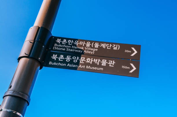 букшон ханок виллидж, сеул улица знаки против голубого неба - street directory стоковые фото и изображения