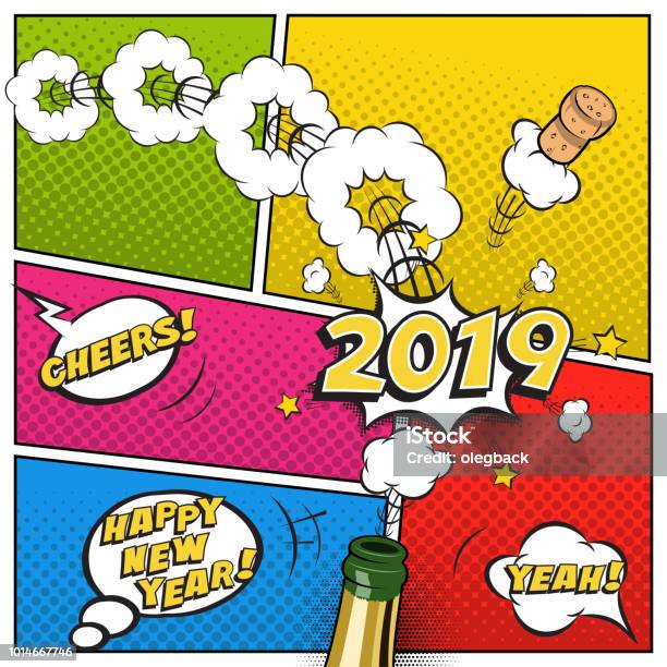 2019 New Year Postcard Or Greeting Card Template Vector 2019 New Year Retro Design In Comic Book Style With Champagne Bottle Stock Illustration - Download Image Now