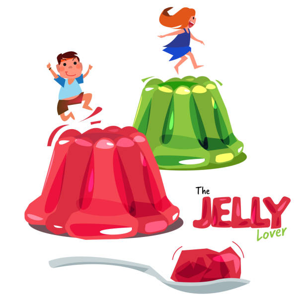 illustrazioni stock, clip art, cartoni animati e icone di tendenza di bambino che salta o gioca su gelatina colorata. concetto di amante della gelatina. logotipo sono disponibili con cucchiaio di gelatina - vettore - come