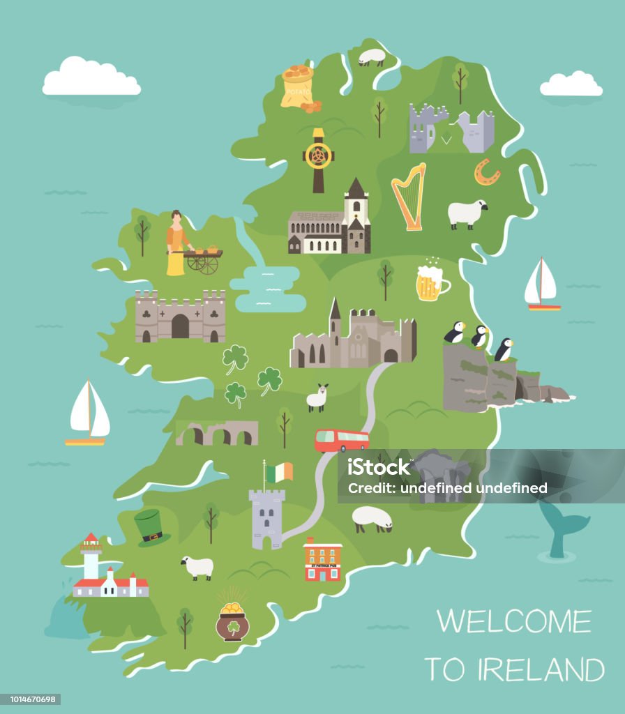 Carte irlandaise avec les symboles de l’Irlande, destinations - clipart vectoriel de Carte libre de droits