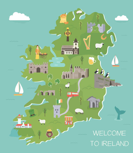 Irish map with symbols of Ireland, destinations Irish map with symbols of Ireland, destinations and landmarks republic of ireland cliffs of moher cliff dublin ireland stock illustrations