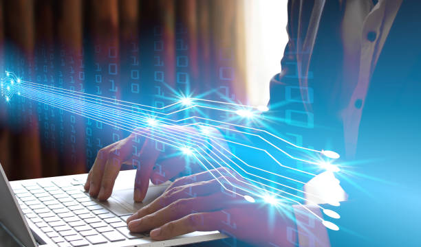 istock Double exposure of Businessman hand use laptop with interface of digital network connection 1014672884