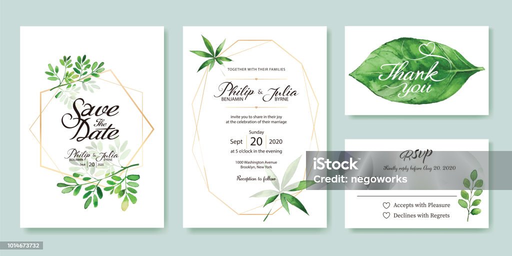 Wedding Invitation, save the date, thank you, rsvp card Design template. Silver dollar, olive leaves. leaf. Wedding Invitation, save the date, thank you, rsvp card Design template. Silver dollar, olive leaves. leaf. Vector. Watercolor Painting stock vector