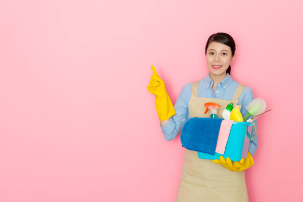 istock attractive housewife carrying many washing tool 1014676248