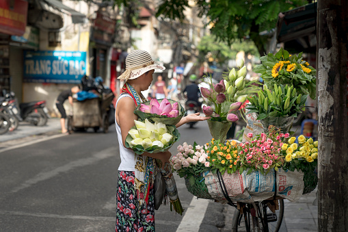 Hanoi capital, Vietnam - July 16, 2018: The street vendor sells flowers on the bicycle in the morning in Hanoi Old Quarter, Vietnam.