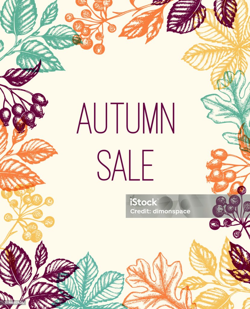 Autumn background with falling leaves Autumn background with falling leaves and berries. Vintage vector hand drawn autumn floral frame for seasonal sale. Autumn stock vector