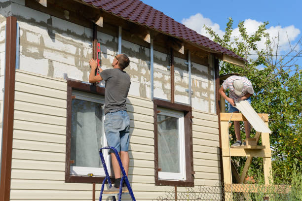 6 août 2017 : deux travailleurs polissent de l’immeuble d’habitation avec parement de vinyle. moskakassy. chuvashy. russie. - siding house plastic construction photos et images de collection