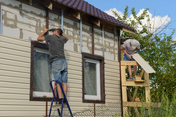 6 août 2017 : deux travailleurs polissent de l’immeuble d’habitation avec parement de vinyle. moskakassy. chuvashy. russie. - siding house plastic construction photos et images de collection