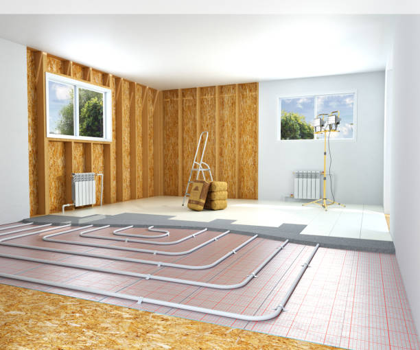 istock The concept of internal repair work. Room with a warm floor and different types of coverage 3d render 1014700502