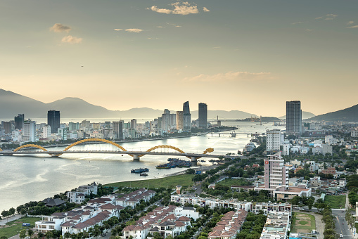 Da Nang City, Vietnam - June 30, 2018:  Cityscape of Da Nang, Vietnam. Da Nang is a coastal city in central Vietnam known for its sandy beaches and history. It’s the fourth largest city of Vietnam