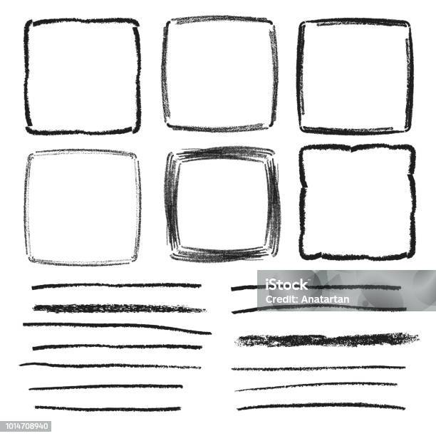 Vetores de Conjunto De Frames Quadrados De Vetor E As Linhas De Lápis Texturizado Mãoextraídas Doodles Isolados e mais imagens de Quadrado - Composição