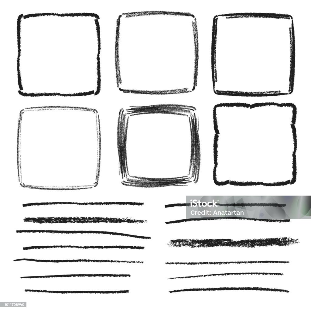 Set of vector square frames and pencil textured lines. Hand drawn isolated doodles. Square - Composition stock vector