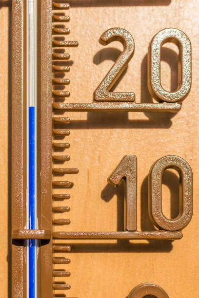 istock Wooden thermometer with a scale and a temperature at 20 degrees Celsius 1014709116