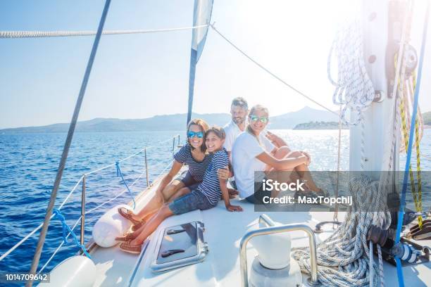 Family With Adorable Kids Resting On Yacht Stock Photo - Download Image Now - Family, Nautical Vessel, Vacations