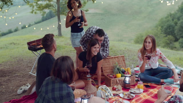 Group of friends spending time making a picnic and a barbeque. shot in slow motion