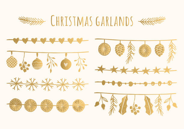 ilustrações de stock, clip art, desenhos animados e ícones de set of golden hand drawn garlands. christmas vector design. foil texture. - symbol snowflake doodle heart shape