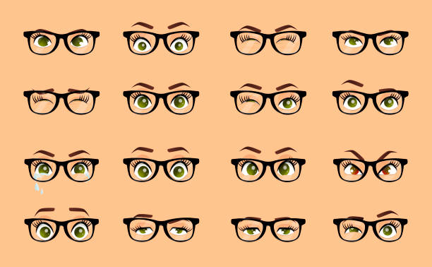 Dibujos animados de ojos de mujer. Ojos con gafas en color vector closeup. Las cejas y los ojos de la mujer mujer imagen de colección. Ojos de emociones. Ilustración