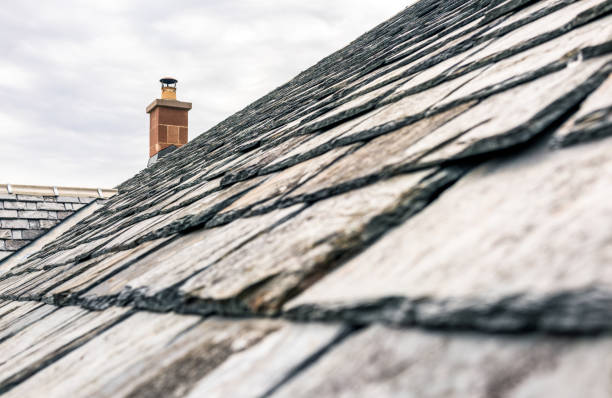 Looking up on a clear sky at the roof-tops an igfferences