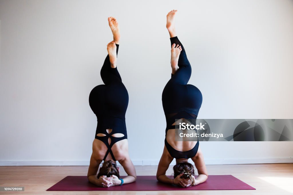 Portrait of two young yogi women practising yoga, wearing black sportswear, white studio background, headstand variation pose (selective focus) Acrobatic Activity Stock Photo