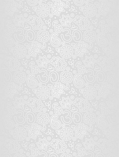 Buddhist background White texture background - grey and silver foil colors, metallic vintage floral vertical backdrop, om and paisley pattern - non seamless lotus water lily white flower stock illustrations