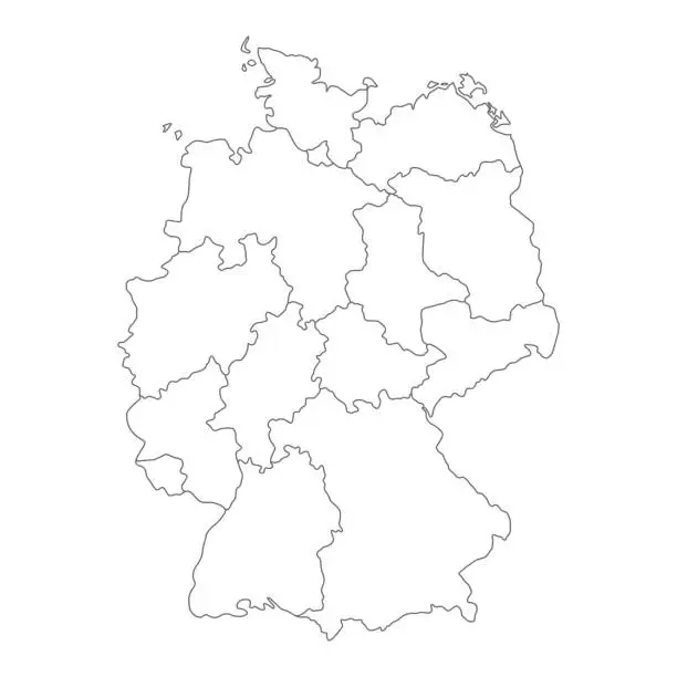 Vector illustration of Map of Germany divided to federal states and city-states. Simple flat blank white vector map with black outlines