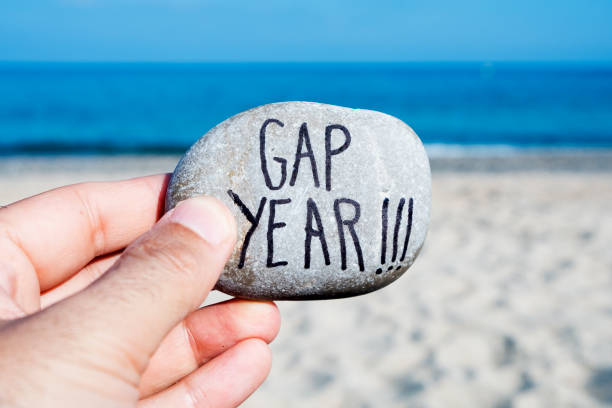 istock man on the beach and text gap year 1014733516