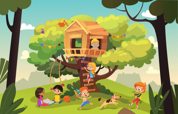 ilustrações de stock, clip art, desenhos animados e ícones de happy multiracial boys and girls playing and having fun in the treehouse, kids playing with dog, and watering gun, reading book and climb ladder in the neighborhood. detailed vector illustration. - toy gun