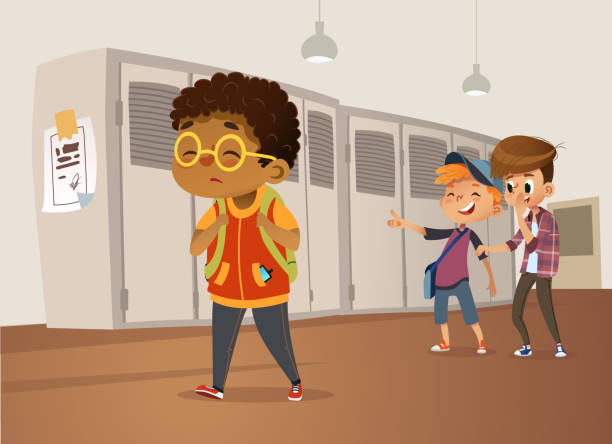 Sad overweight African-American boy wearing glasses going through school. School boys and gill laughing and pointing at the obese boy. Body shaming, fat shaming. Bulling at school. Vector illustration Sad overweight African-American boy wearing glasses going through school. School boys and gill laughing and pointing at the obese boy. Body shaming, fat shaming. Bulling at school. Vector sad african child drawings stock illustrations