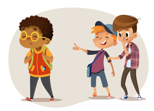 Mobile Sad African-American boy wearing glasses going through school. School boys laughing and pointing at the obese boy. Body shaming, fat shaming. Bulling at school. Vector illustration. Isolated friends laughing stock illustrations