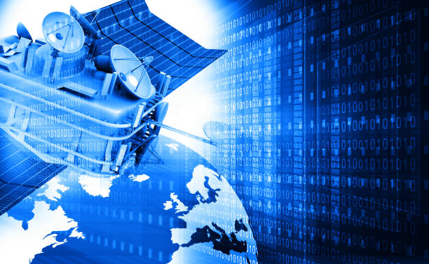 communication satellite with digital world - satellite global positioning system surveillance satellite dish imagens e fotografias de stock