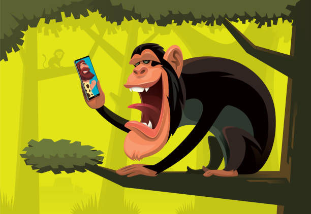 ilustrações de stock, clip art, desenhos animados e ícones de chimpanzee video chatting with caveman via smartphone - telephone chimpanzee monkey on the phone