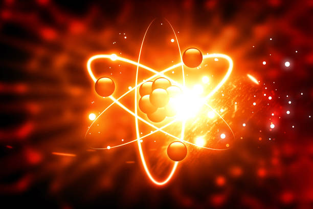 atom auf abstrakten hintergrund - kernenergie stock-fotos und bilder