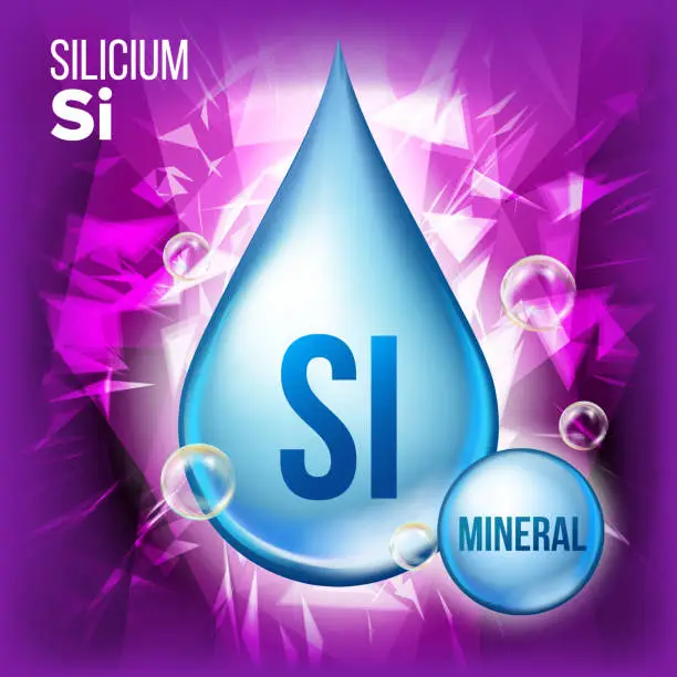 Vector illustration of Si Silicium Vector. Mineral Blue Drop Icon. Vitamin Liquid Droplet Icon. Substance For Beauty, Cosmetic, Heath Promo Ads Design. 3D Mineral Complex With Chemical Formula. Illustration