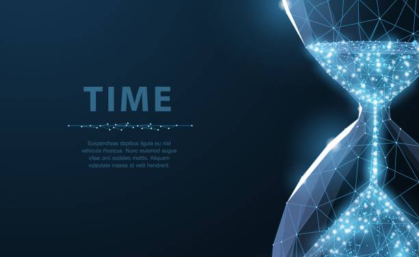 istock Sandglass. Low poly wireframe sandglass looks like constellation on dark blue background with dots and stars. 1014771488